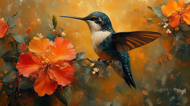 In a lush tropical paradise, a stunning hummingbird flits among vibrant blooms, delicately sipping nectar as sunlight filters through leaves, illuminating its iridescent feathers