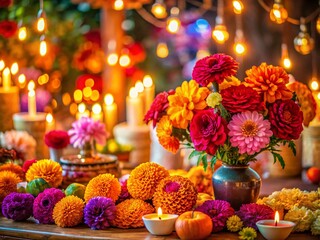 Day of the Dead Altar: Vibrant Mexican Flowers with Bokeh