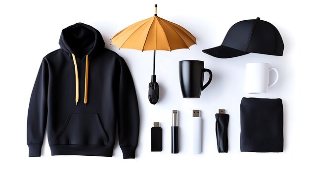 Promotional Items Flat Lay White Background