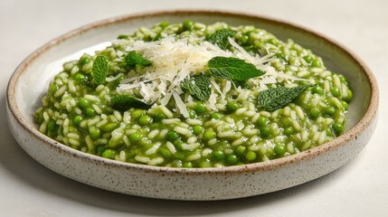 Fresh pea and mint risotto topped with Parmesan cheese for springtime delight