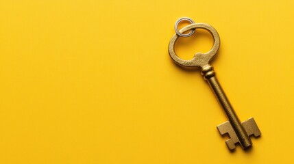 A single golden key resting on a matching yellow background.