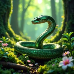 Fototapeta premium A vibrant green snake is coiled gracefully among colorful flowers in a lush forest. Sunlight filters through the trees casting enchanting shadows on the ground.