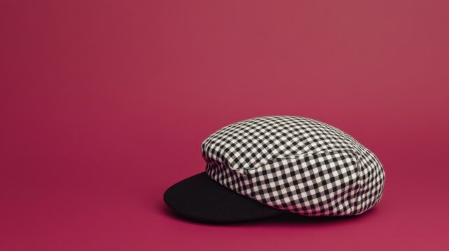 A black and white checkered hat set on a smooth maroon background