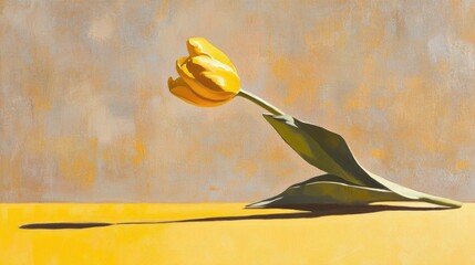 A yellow tulip flower placed on a smooth yellow table surface.