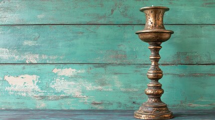 Beautiful bronze candlestick holder with an aged patina against a rich green background.
