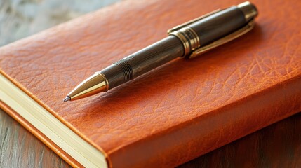 A bronze pen elegantly positioned on an orange journal