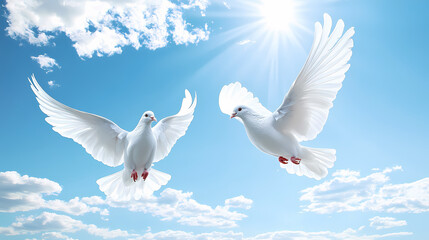 Fototapeta premium Two white doves flying in a blue sky with white clouds. Peace - River. Illustration