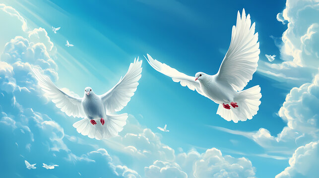 Two white doves flying in a blue sky with white clouds. Peace - River. Illustration