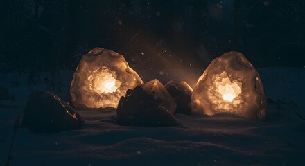 Illuminating natural stone formations in a snowy landscape create a magical atmosphere at twilight. Generative AI