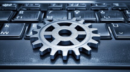 Metal gear on laptop keyboard; technology, settings, support, repair, website