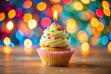 Delicious Birthday Cupcake with Bokeh Background - Festive Sweet Treat Stock Photo