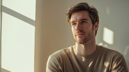 Thoughtful Young Man in Natural Light by the Window