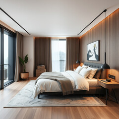 Modern luxury bedroom interior in minimal scandinavian style