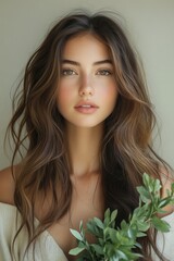 Naklejka premium Soft-focus portrait of a young woman with long brown hair holding a green plant