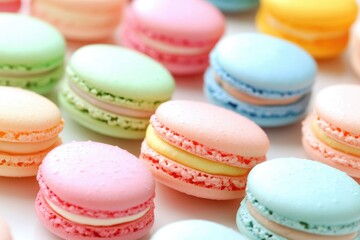 Fototapeta premium A delightful assortment of pastel-colored macarons, showcasing their delicate texture and vibrant hues.