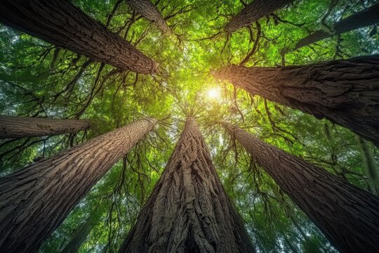 Majestic redwood trees reach for the sun, their towering trunks and lush green canopy creating a breathtaking forest scene.