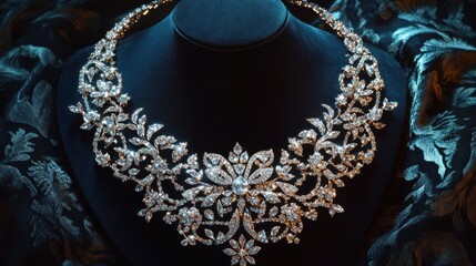 Obraz premium A dramatic shot of a sparkling diamond necklace beautifully laid out on a black background