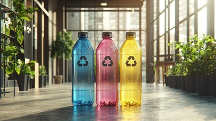 Colorful Plastic Bottles with Recycling Symbol for Sustainable Packaging Solutions