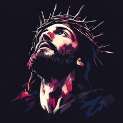 Fototapeta premium Dramatic Image of Jesus Christ Wearing a Crown of Thorns Emblematic of Sacrifice and Divine Love Ideal for Inspirational Religious Art and Apparel