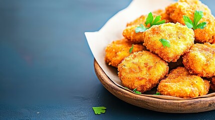 Savor the crispy texture of golden chicken nuggets, perfectly garnished with green herbs for a delightful snack or party treat.