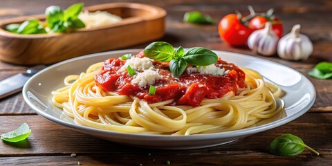 A plate of steaming hot pasta with a rich and tangy tomato sauce, topped with shaved parmesan cheese and fresh basil leaves , italian food, italian cuisine