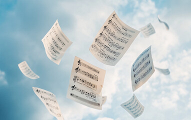Naklejka premium Sheets of music float against a sky backdrop. Musical notations are visible on the flying pages. Dreamlike scene with paper and cloud elements