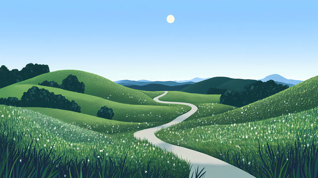 A serene landscape features a forked path intersecting in lush green hills under a clear blue sky, perfect for contemplation and decision-making. Peace - River. Illustration