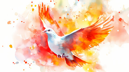 A vibrant watercolor illustration of a dove with orange wings, symbolizing freedom and peace in an artistic style. Peace - River. Illustration