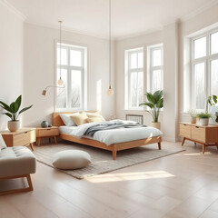 Modern luxury bedroom interior in minimal scandinavian style