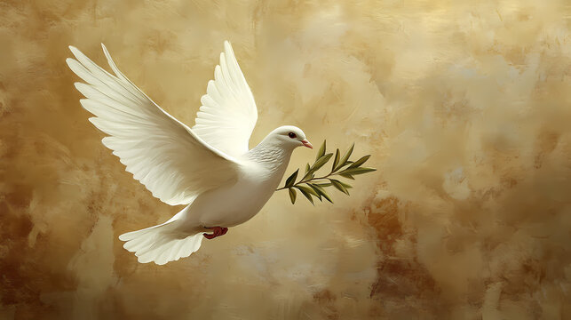 An artistic representation of a white dove holding an olive branch gracefully flying through a serene, earthy toned background symbolizes lasting peace and freedom. Peace - River. Illustration