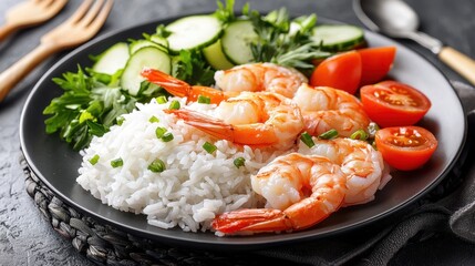 Delicious Shrimp Rice Plate with Fresh Cucumber and Tomato Salad
