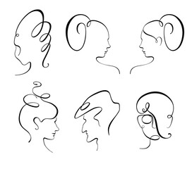 Set of Portraits. Male and Female Silhouettes. Monochrome, black line. Vector