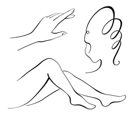 Small set of Silhouettes - Hand, Legs, Woman's Face. Vector, black line - monochrome