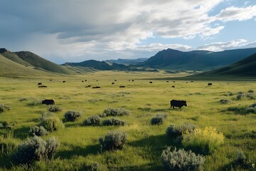 Obraz premium Majestic mountain landscape with grazing cattle in a vast serene meadow under a dramatic sky