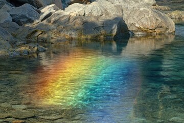 Fototapeta premium A vibrant rainbow reflected in crystal-clear water, nestled among serene rocks.