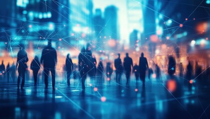 Silhouetted Crowd Walking in a Blue Lit City at Night with Glowing Network Connections