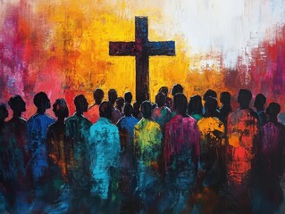 Dynamic Modern Canvas Showcasing a Diverse Crowd Gathered in Unified Faith Around a Prominent Christian Cross Emblem of Hope