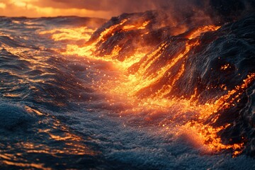 Molten lava flows into the ocean at sunset, creating a fiery spectacle of nature's power.