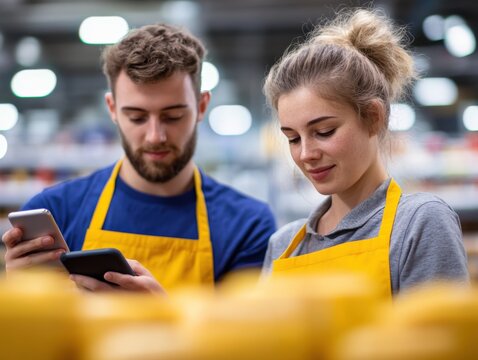 Two Workers Using Smartphones in a Store