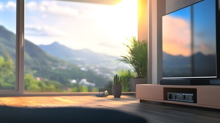 Fototapeta premium Modern smart tv connected with sound bar. Home entertainment system. Tech, visual, audio entertainment. Stylish interior design. Living room setup. High-quality image, beautiful landscape view, 
