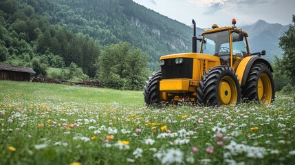 Obraz premium Yellow tractor stands prominently in a vibrant pasture filled with wildflowers