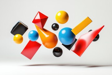 Floating colorful geometric shapes; spheres, cubes, pyramids, and rectangular prisms in red, yellow, blue, and black.