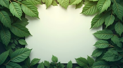 Nature background, abstract white frame in the leaves with copy space, green leaf banner foliage in forest summer, wallpaper pattern of fresh botany natural style