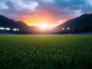 Green grass field with sunset background