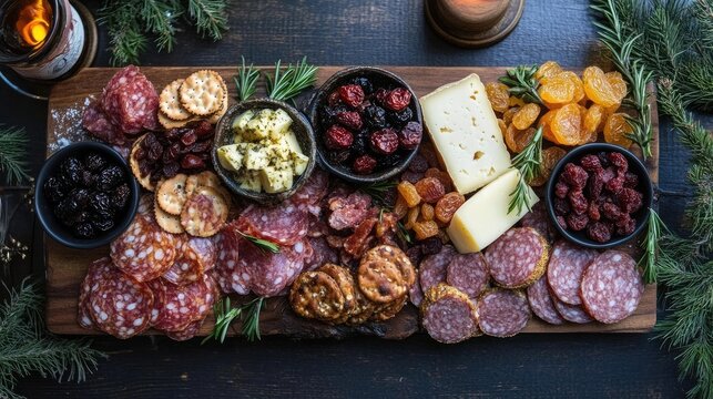 Gourmet charcuterie board with assorted meats, cheeses, and dried fruits.