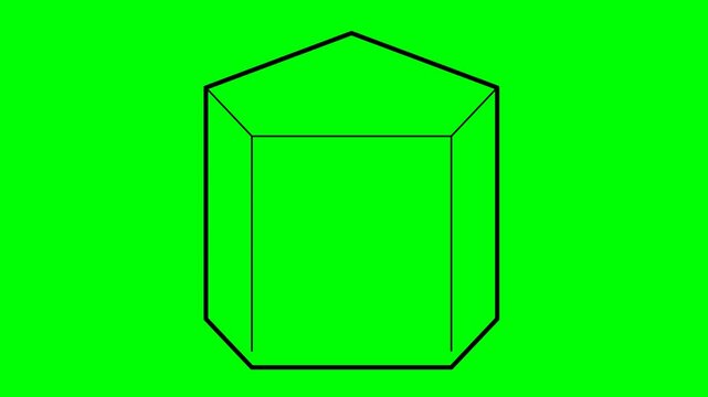 video animation drawing black contours line pentagonal prism geometric shape, on a green chroma key background