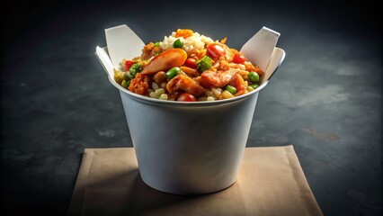 Delicious Shrimp Chicken Vegetable Fried Rice in Takeout Container - Low Light Photography