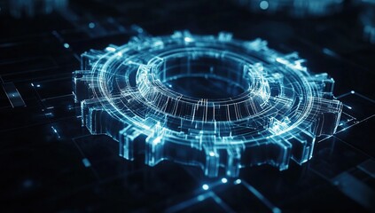 Glowing Blue Digital Gear on Dark Circuit Background