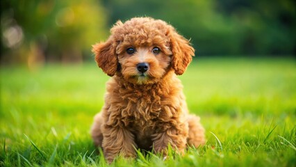Fototapeta premium A small red poodle puppy sitting on green grass with its legs folded under its body, looking up at the camera with big brown eyes and a fluffy coat, playful, scenery