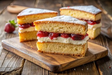 Delicious Victoria Sponge Cake Slices on a Rustic Wooden Board